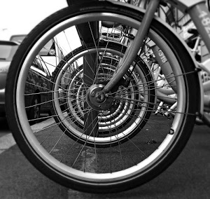 raggi, ruote, biciclette, ruota, cerchio, bicicletta, bianconero, prospettiva, forcella, tondo, asfalto, cerchi, concentrico, parcheggio