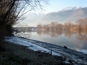 fiume, alberi, ponte, inverno, montagna, nebbia, montagne, neve, riva, paesaggio, lago, riflesso
