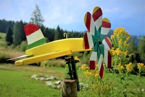 giallo, elica, alberi, verde, aereo, fiori, legno, prato, rosso, bianco, cielo, eliche, colori, ali, aeroplano, tricolore, palo, erba, piante, segnavento