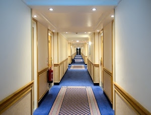 corridoio, porte, luci, azzurro, estintore, moquette, prospettiva, tappeti, bianco, profondità, faretti, pavimento, soffitto