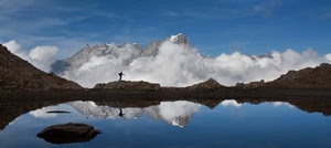 nuvole, lago, riflesso, montagna, montagne, riflessi, uomo, cielo, persona