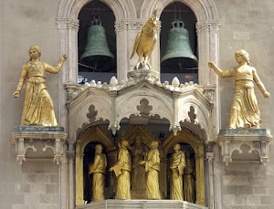 statue, campane, oro, orologio, gallo, archi, campanile, due, uomini, donne, chiesa, meccanismo, sculture, balcone