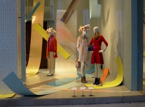 vetrina, manichini, rosso, tre, giallo, negozio, donna, abbigliamento, parrucche, abiti, vestiti