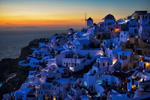 tramonto, mare, case, mulino, luci, cielo, finestre, cupola, bianco, paese, sera, borgo, mulini, isola, orizzonte, grecia, arancione, blu, panorama, notturno