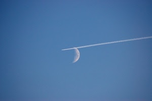 luna, cielo, scia, aereo, azzurro, bianco, quarto