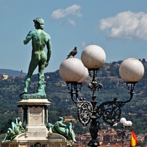 lampione, statua, piccione, monumento, firenze, david, michelangelo, bronzo, statue, cielo, sfere