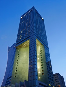 grattacielo, finestre, cielo, azzurro, luci, blu, insegna, palazzo, vetro, prospettiva, albergo