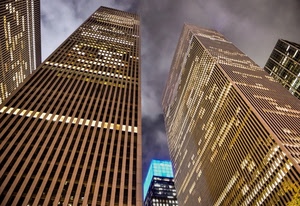 grattacieli, finestre, cielo, luci, nuvole, palazzi, prospettiva, architettura, città