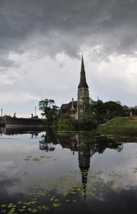 campanile, riflesso, chiesa, acqua, nuvole, lago, cielo, riflessi, guglia