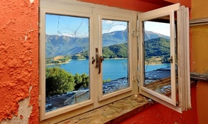 finestra, lago, vetri, panorama, riflesso, montagne, rotti, vista
