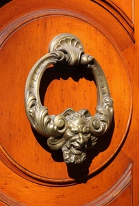 batacchio, legno, porta, battente, ovale, bronzo, faccia, demone, ottone, diavolo