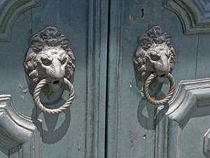 porta, leoni, batacchi, batacchio, legno, anelli, due, ferro, anello, leone
