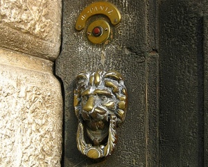 campanello, leone, batacchio, ottone, metallo, battacchio, porta, pulsante, pietra, battiporta, muro