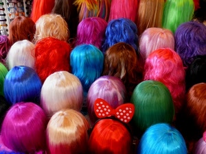 parrucche, colori, capelli, rosso, multicolore, fiocco, farfalla, blu, rosa, occhiali