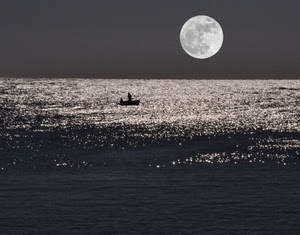 luna, mare, barca, acqua, riflessi, piena, pescatore, riflesso