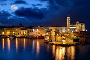 luna, riflessi, mare, luci, chiesa, notturno, campanile, porto