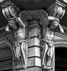 ali, bianconero, angeli, cariatidi, sostegni, telamoni, angolo, sculture, capitelli, balcone, statue