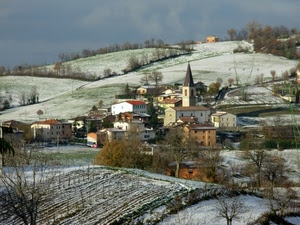 neve, campanile, case, alberi, borgo, colline, inverno, paese, panorama, paesaggio, piante