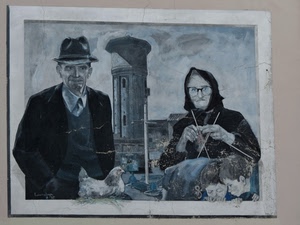 gallina, quadro, murales, cappello, uomo, anziani, coppia, nonno, nonna, due, maglia, torre