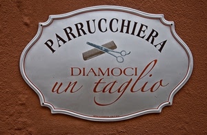 insegna, forbici, parrucchiera, pettine, muro, targa, scritta, taglio, forbice, bianco