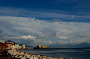 mare, nuvole, panorama, castello, cielo, napoli, case, scogliera, scogli