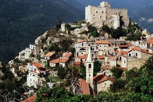 castello, campanile, borgo, panorama, case, montagna, paese, tetti, torre, alberi