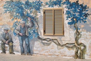 finestra, murales, uomini, due, muro, pianta, persone, murale, azzurro, albero, persiane
