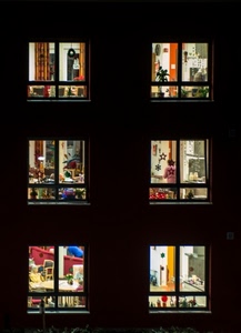 finestre, sei, notte, palazzo, luci, stanze, casa, vetri, colori