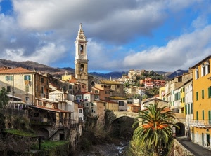 campanile, ponte, nuvole, case, borgo, fiume, torrente, panorama, palma, cielo, pianta