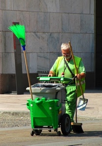 verde, scopa, spazzino, bidone, pala, operatore, carrello, ecologico, ruote, scope, strada, ramazza, uomo, pulizia, grigio, paletta, secchio