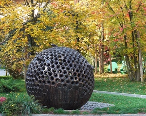 alberi, autunno, verde, sfera, foglie, palla, scultura, erba, fiori, giallo, giardino, api, prato, piante, parco, fori, monumento, alveare