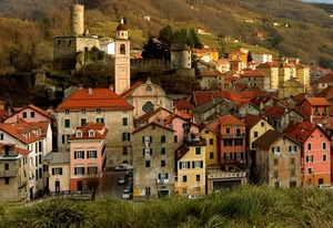 campanile, case, torre, chiesa, borgo, finestre, paese, castello, panorama, tetti, montagna, alberi