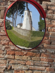 specchio, mattoni, riflesso, torre, muro, alberi, campanile, cerchio, chiesa