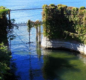 cancello, acqua, lago, mare, piante, foglie, verde, riflessi, muro, riflesso