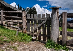 legno, cancello, nuvole, staccionata, alberi, baita, recinto, cielo, erba