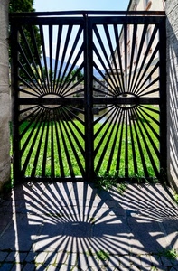 cancello, ombra, verde, erba, prato, raggi, ferro, ombre, geometrie