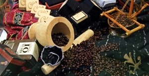 caffè, chicchi, mortaio, legno, pestello, marrone, grani, scatole