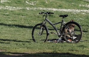 bicicletta, prato, ruote, leggere, donna, erba, manubrio, libro, verde, cavalletto, sellino, campo, lettura, bici, ragazza, sella