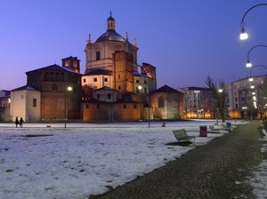 lampioni, chiesa, neve, panchine, notturno, inverno, piazza, notte, luci