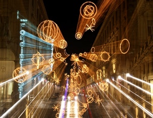 luci, zoom, natale, notte, luminarie, giallo, palazzi, notturno, festa