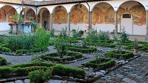 pozzo, aiuole, chiostro, fiori, colonne, archi, affreschi, verde, giardino, piante, portico, porticato, siepi