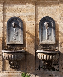 acqua, fontane, due, muro, rubinetti, fasci, simmetria, fontanelle, fontana, erba, vasche, pietra, cannelle, zampilli
