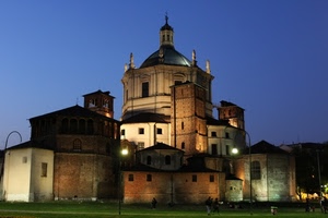 chiesa, cupola, luci, finestre, lampioni, sera, blu, cielo, torre, notturno