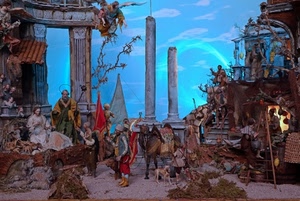 presepe, colonne, statuine, cielo, natività, natale, statue, animali, pastori, cane, nuvole, napoletano, angeli, madonna, rosso