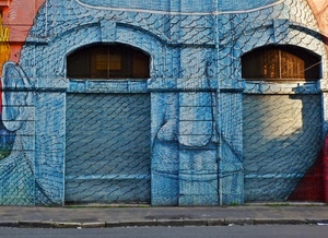 serrande, murales, finestre, azzurro, murale, faccia, disegno, naso, orecchio, due, muro, occhi