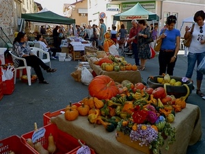 mercato, persone, bancarelle, zucche, frutta, sedie, colori