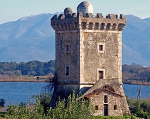 torre, merli, lago, finestre, acqua, montagna, montagne, casa