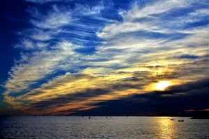 nuvole, mare, barche, tramonto, cielo, sole, controluce, acqua, blu, riflesso