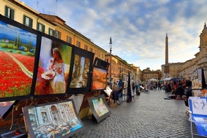 quadri, obelisco, roma, piazza, mercato, strada, esposizione, colori, dipinti, cielo, artisti