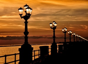 lampioni, tramonto, mare, nuvole, lungomare, luci, luce, sera, cielo